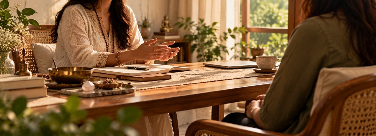 Astrologer listening to a client across a wooden table in a sunlit room