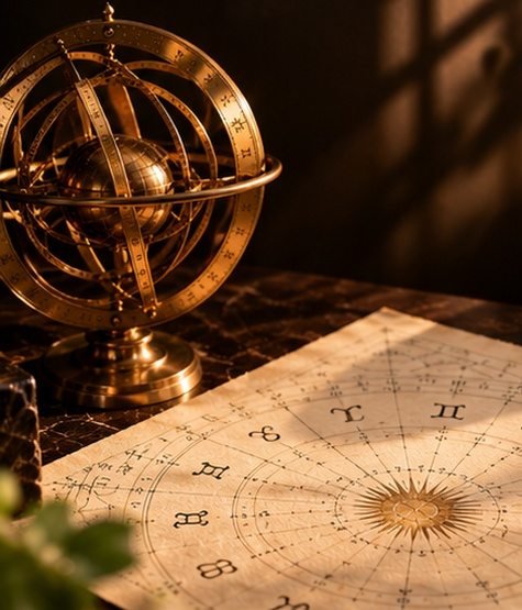 Vedic astrology birth chart with brass armillary sphere