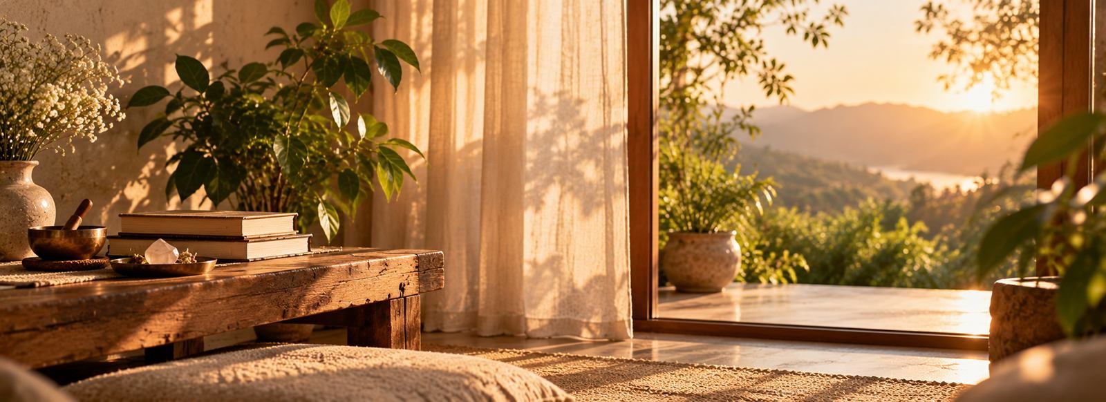 Sunlit meditation retreat overlooking a garden