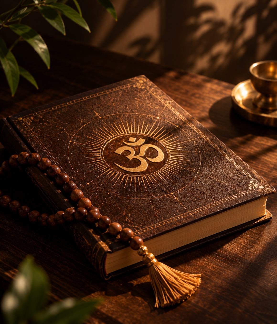 Golden Om journal with prayer beads used for remedies