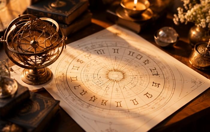 Hand-drawn zodiac birth chart beside a brass armillary sphere