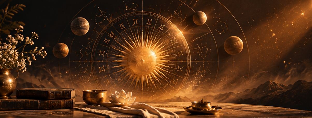 Golden zodiac wheel and planets above a Vedic astrology reading table