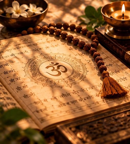 Meditation sanctuary with prayer beads and diya at golden hour
