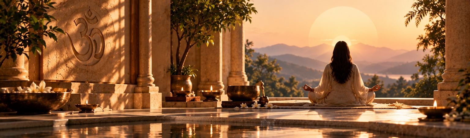 Golden hour meditation sanctuary with diya and prayer beads