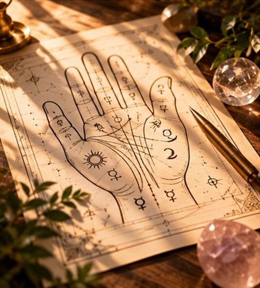 Palm reading session in a golden sanctuary