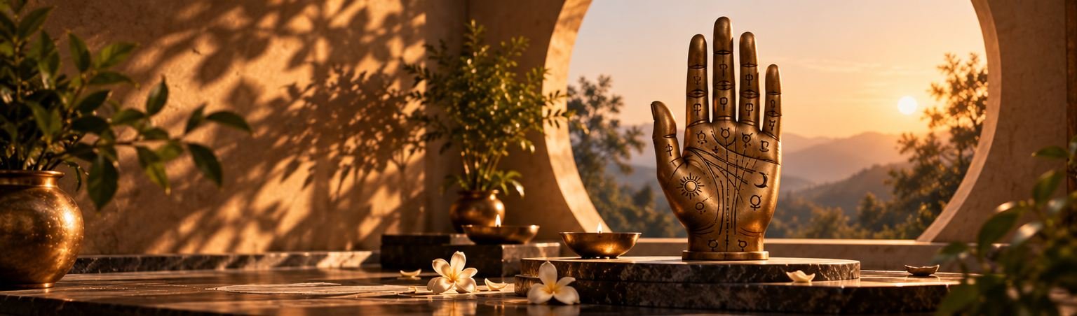 Golden palmistry sanctuary with an open palm illuminated