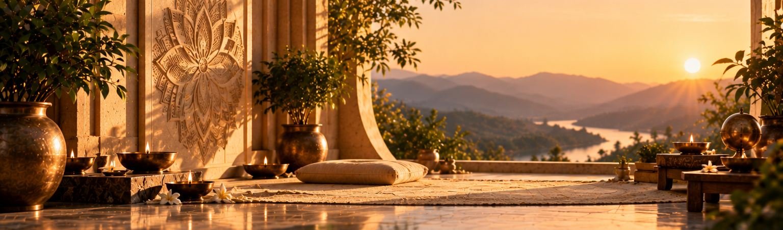 Golden Vedic sanctuary with lamps and sacred texts
