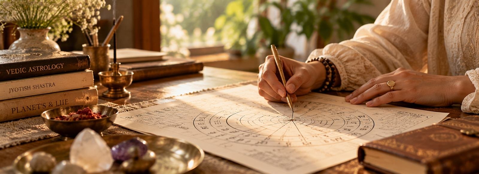 Vedic astrology chart and notes laid out on a reading desk